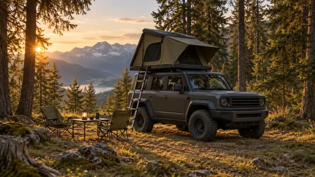 An off-road vehicle with a roof tent, parked at a forest camp in the mountains