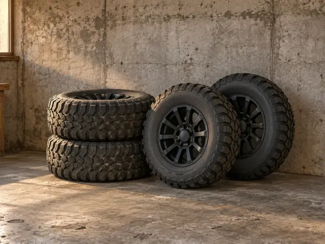 Off-road wheels and tyres stacked in a garage
